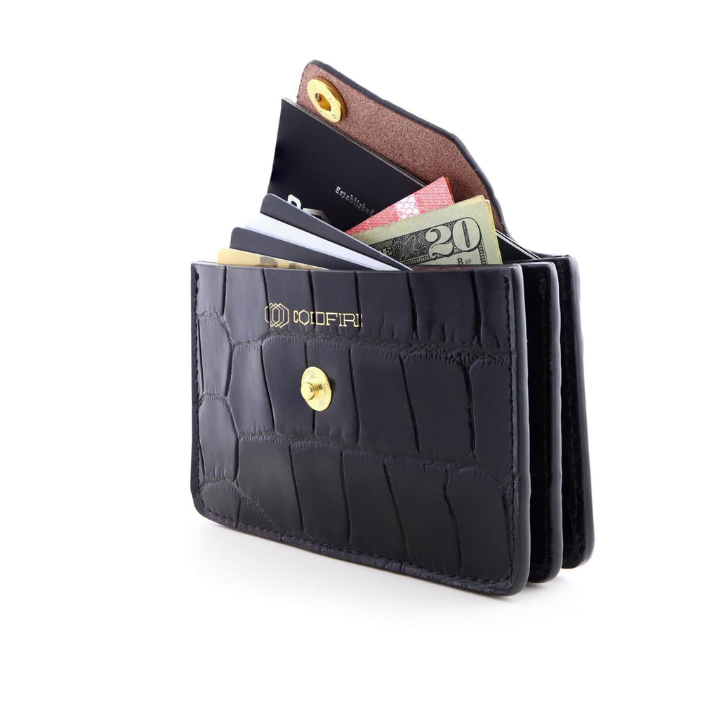 Women's Small Leather Card Case Wallet with Flap - Croco Embossed