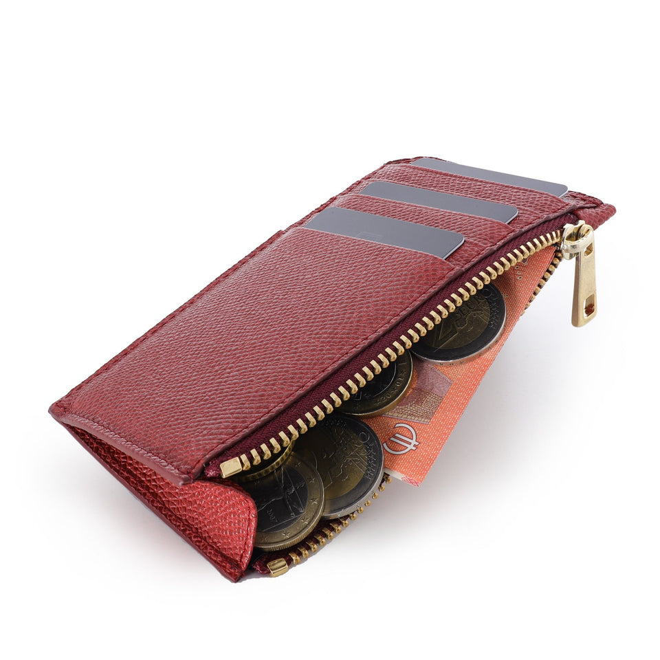 Ares Genuine Leather Card Holder with Zipper in Dark Red - Unisex - COLDFIRE