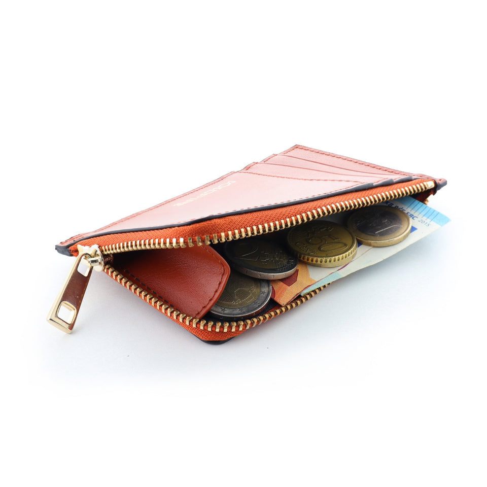 Card holder made of genuine leather with a zipper in cognac color - unisex - COLDFIRE