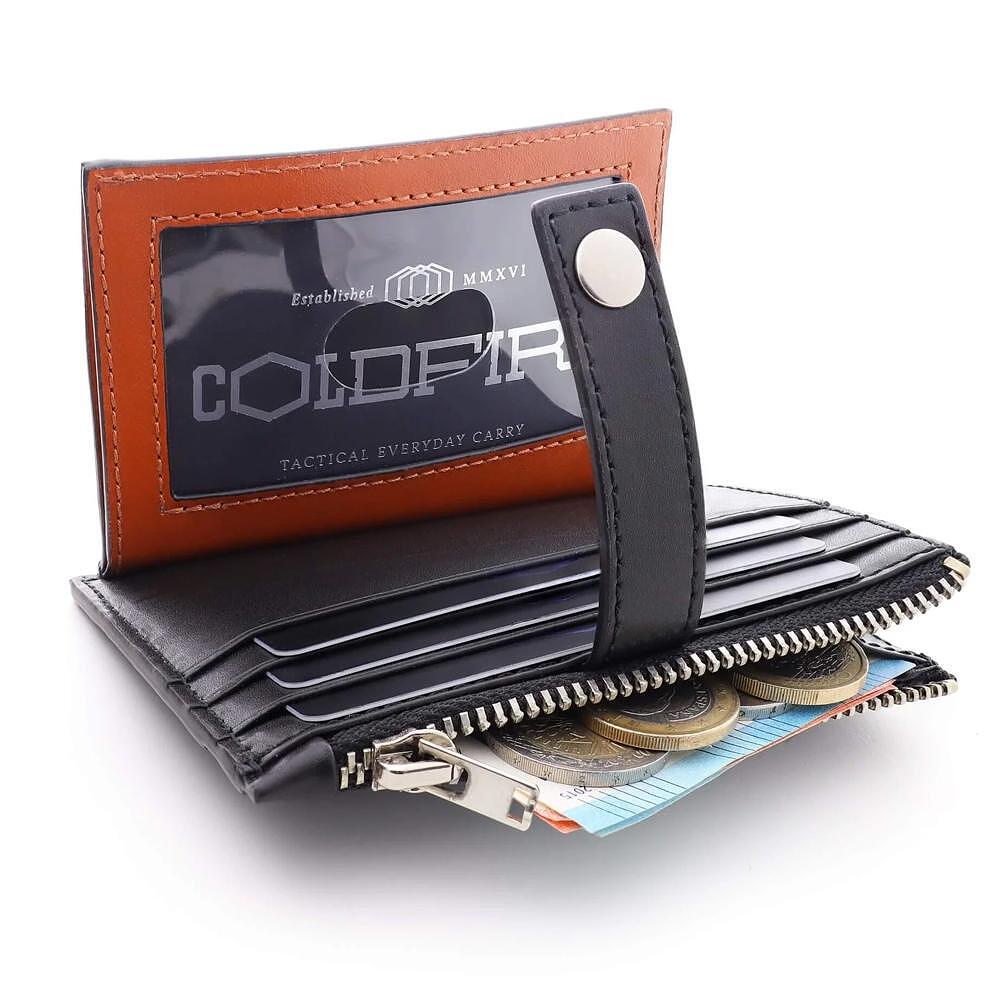 Genuine leather card holder with zipper and button - unisex - COLDFIRE