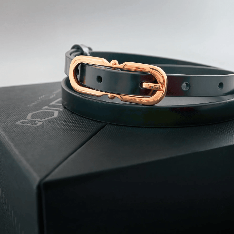 Women's belt - genuine leather - 12 mm - Black semi patent - Gold | COLDFIRE - COLDFIRE