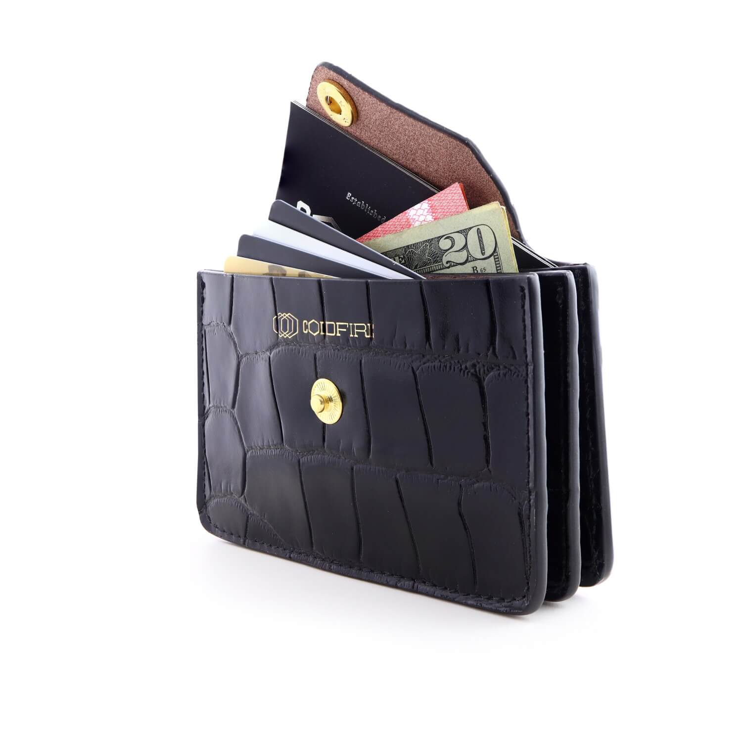 Women's Small Card Case Wallet with Flap. Mini Credit Card Holder. Croco Embossed Black - COLDFIRE