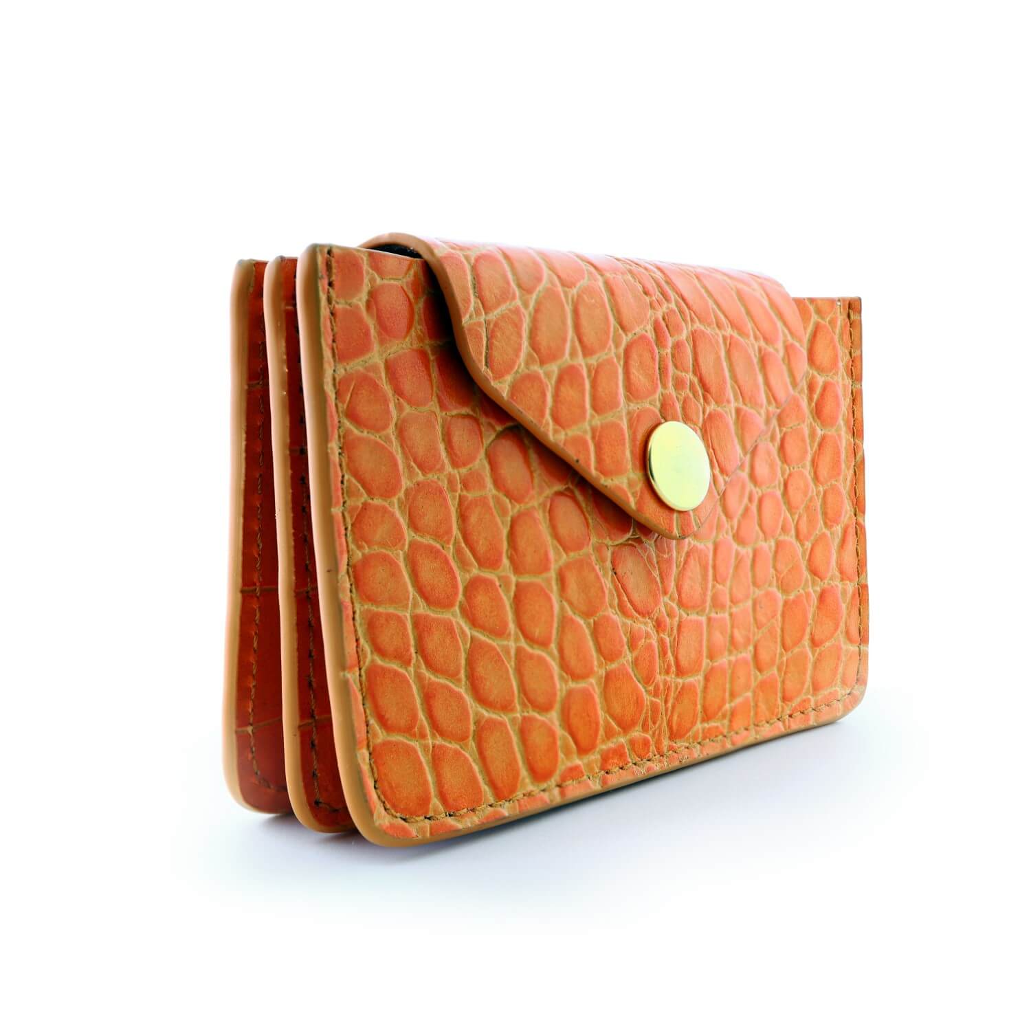 Women's Small Card Case Wallet with Flap. Mini Credit Card Holder. Croco Embossed Orange - COLDFIRE