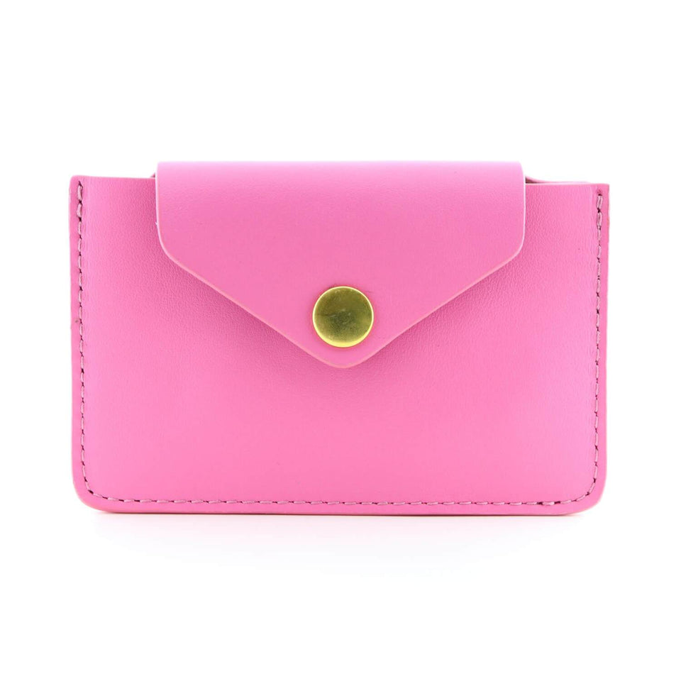 Women's Small Card Case Wallet with Flap - Soft Candy Pink Leather